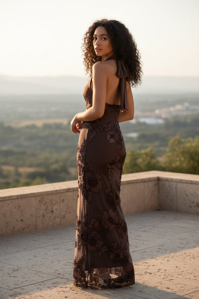 Floral Applique Halter Neck Maxi Dress