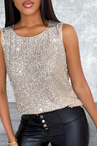 Sleeveless Sequin Round Neck Tank Top