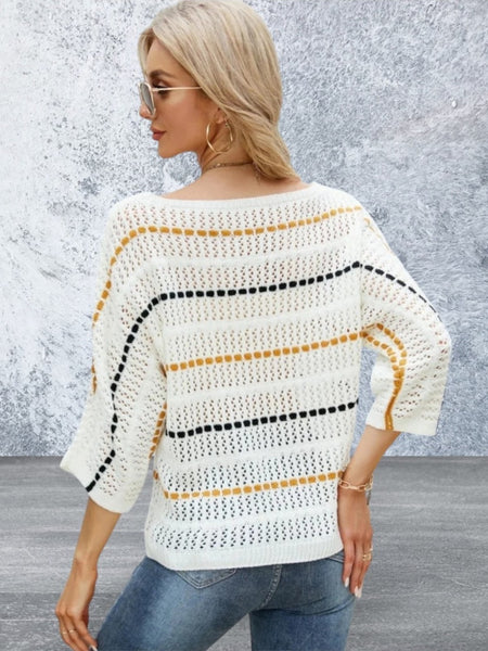 Eyelet Striped Round Neck Knit Top