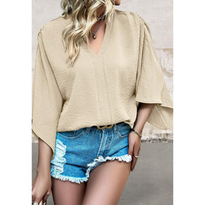 Sleeveless V Neck Wide Sleeve Crinkled Top