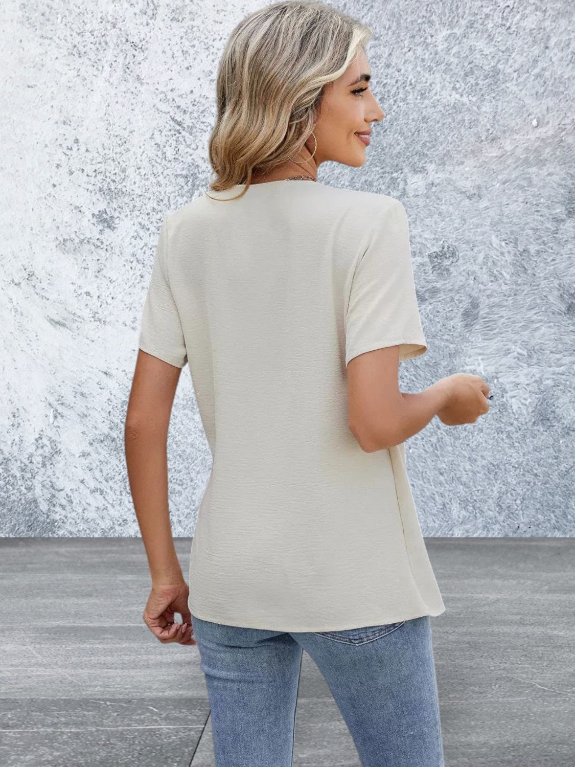 Short Sleeve Solid Color Surplice Blouse
