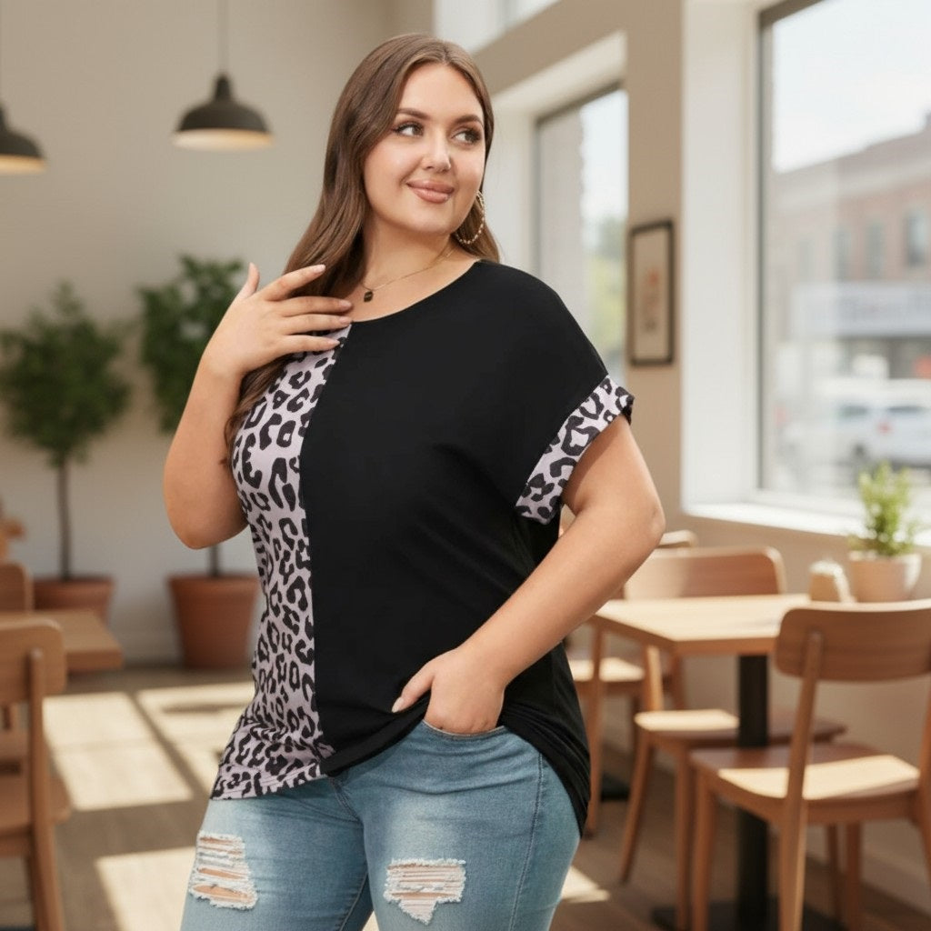 Plus Size Black Half Leopard Patchwork Top