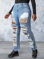 Plus size ripped raw hem jeans