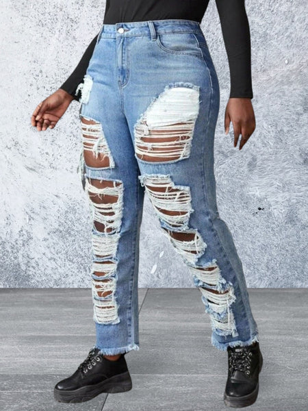 Plus size ripped raw hem jeans