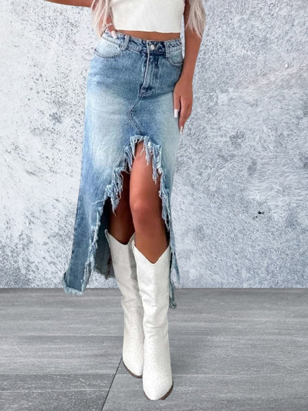 High Waist Raw Hem Asymmetry Denim Skirt