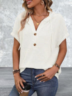 Short Sleeve Waffle Knit Hooded Top