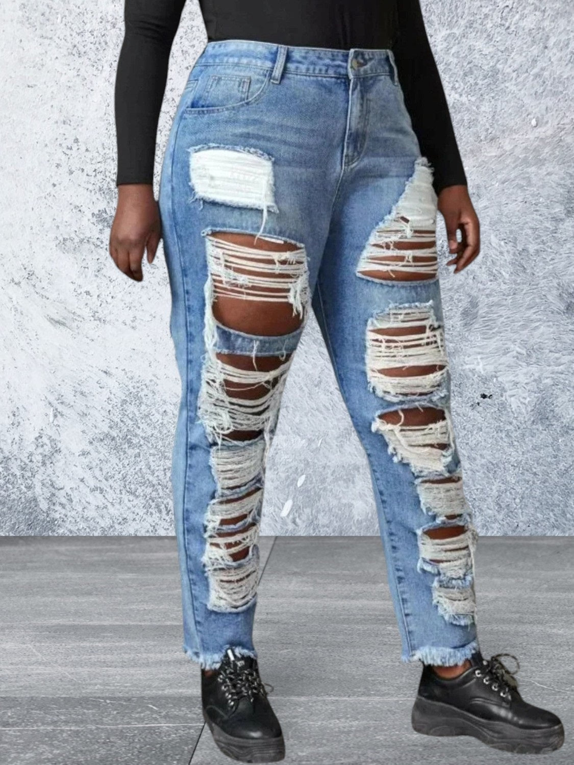 Plus size ripped raw hem jeans