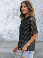 Short Sleeve Black Sequin Sheer Top