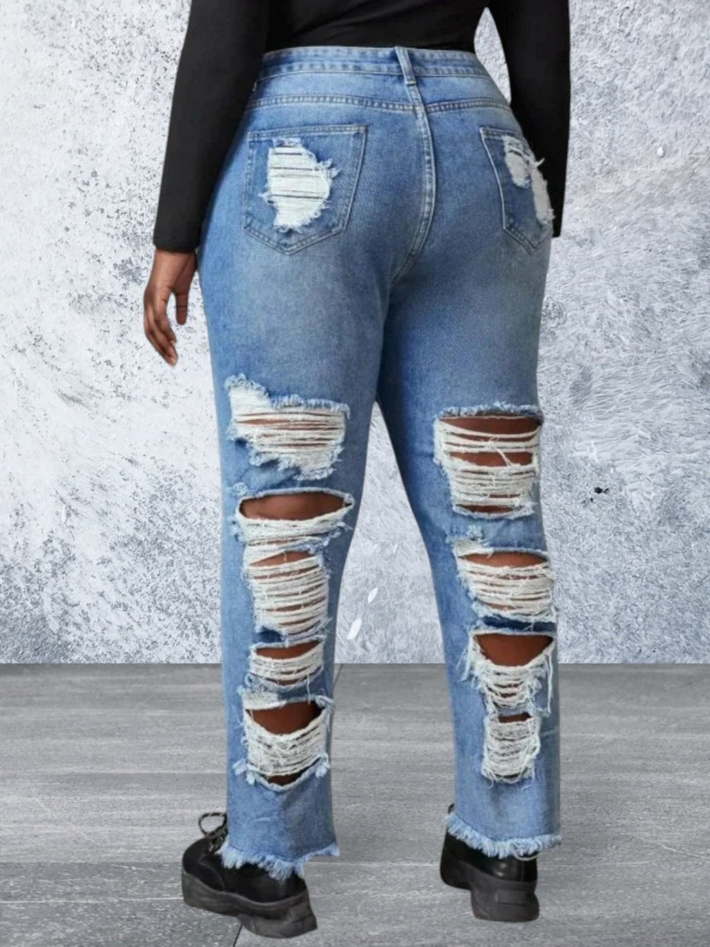 Plus size ripped raw hem jeans