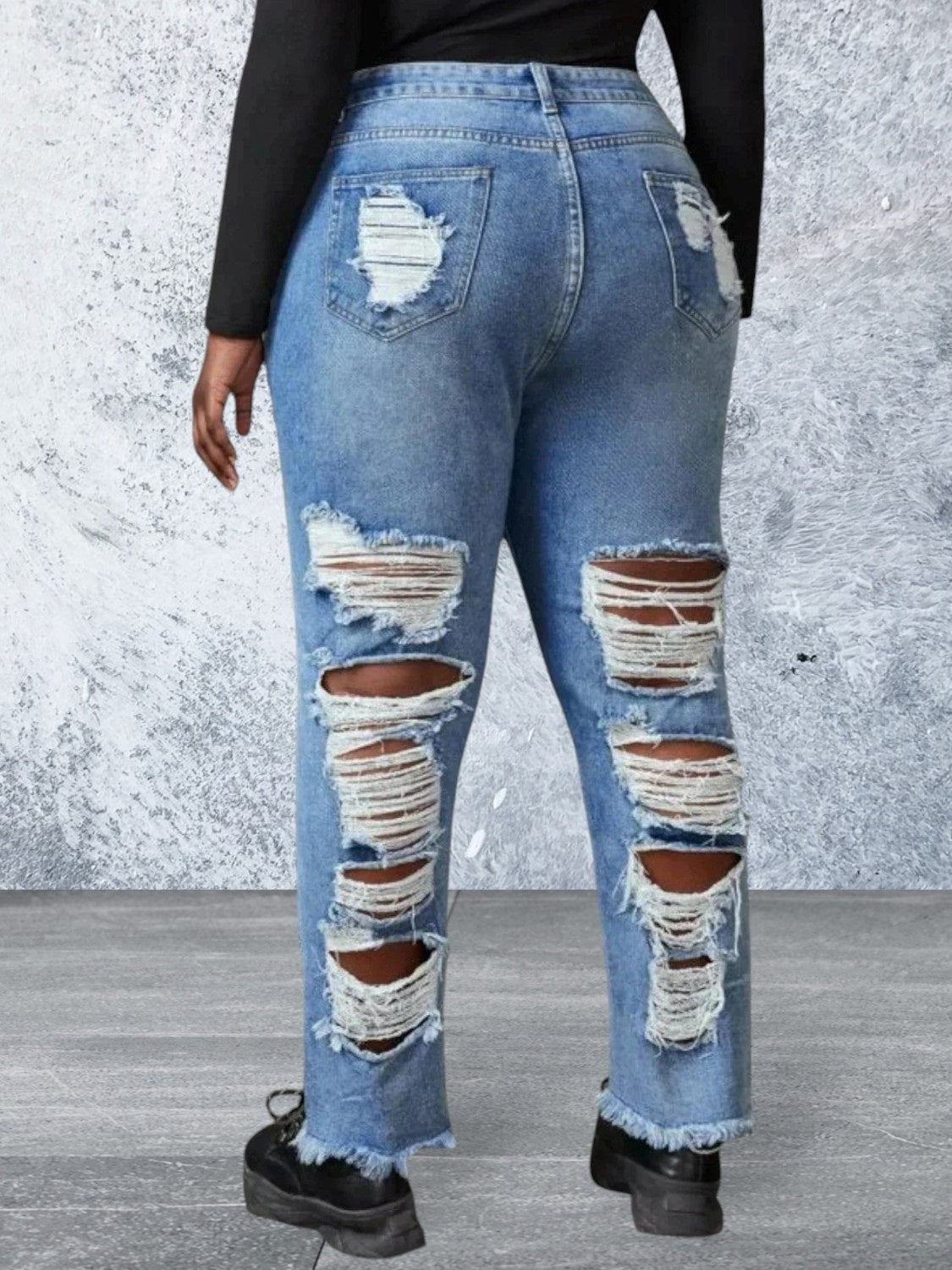 Plus size ripped raw hem jeans