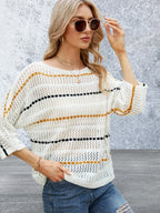 Eyelet Striped Round Neck Knit Top