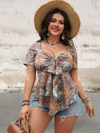 Plus Size Short Sleeve Printed Sweetheart Neck Top