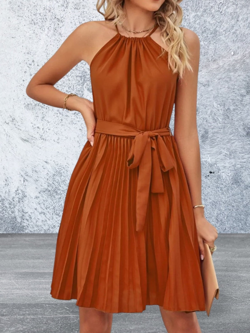 Sleeveless Pleated Tie Waist Mini Dress