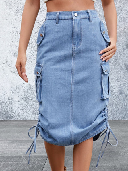 Drawstring Denim Skirt with Cargo Pockets