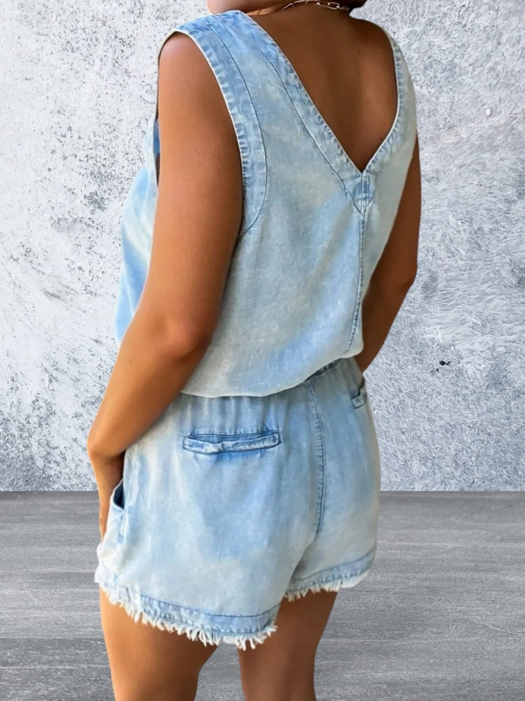 Sleeveless Studded V-Neck Drawstring Denim Romper