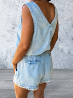 Sleeveless Studded V-Neck Drawstring Denim Romper