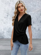Short Sleeve Solid Color Surplice Blouse