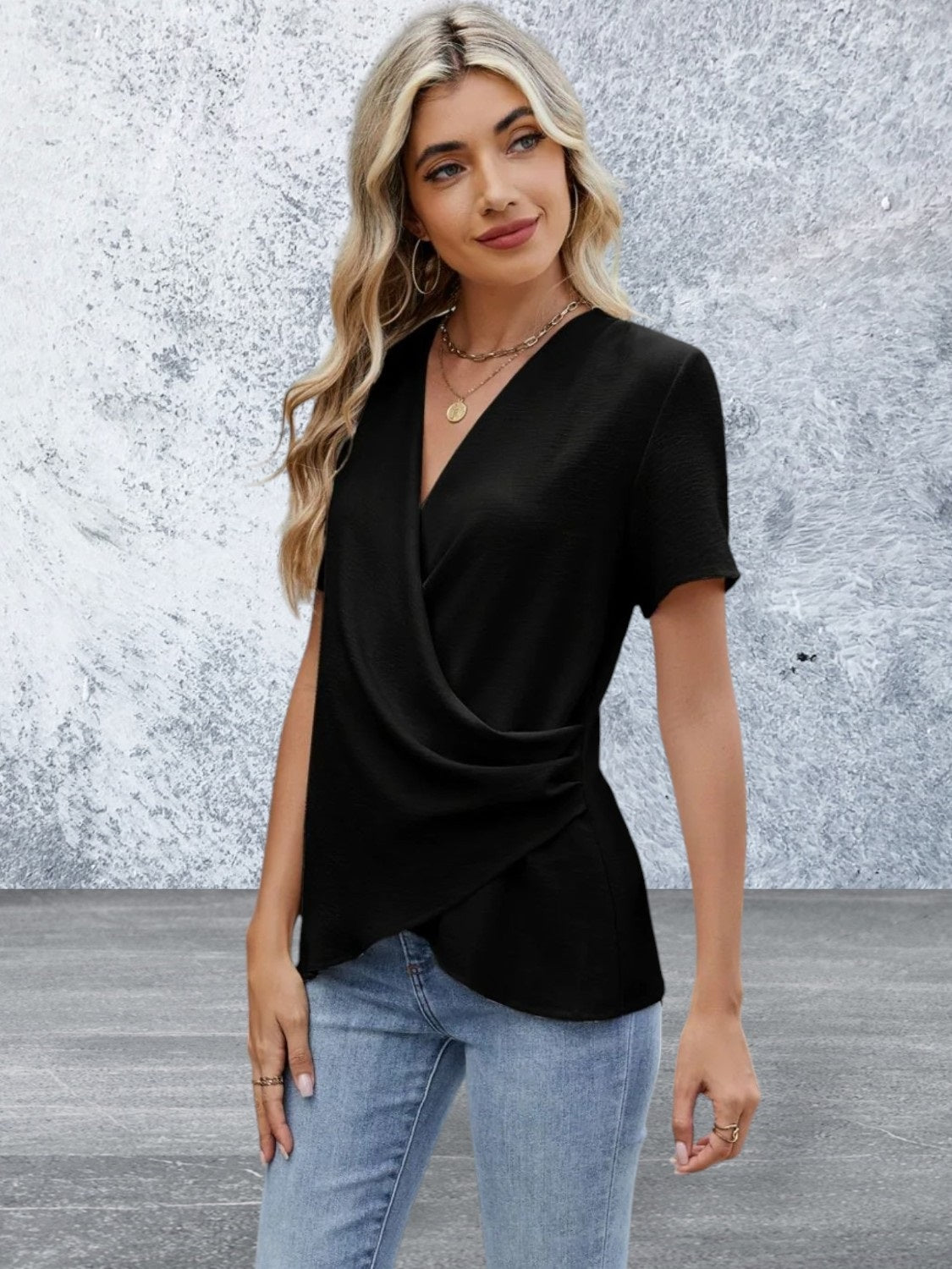 Short Sleeve Solid Color Surplice Blouse