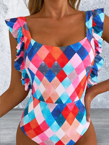 Square Neck Ruffled Tied Backless One-Piece Swimwear