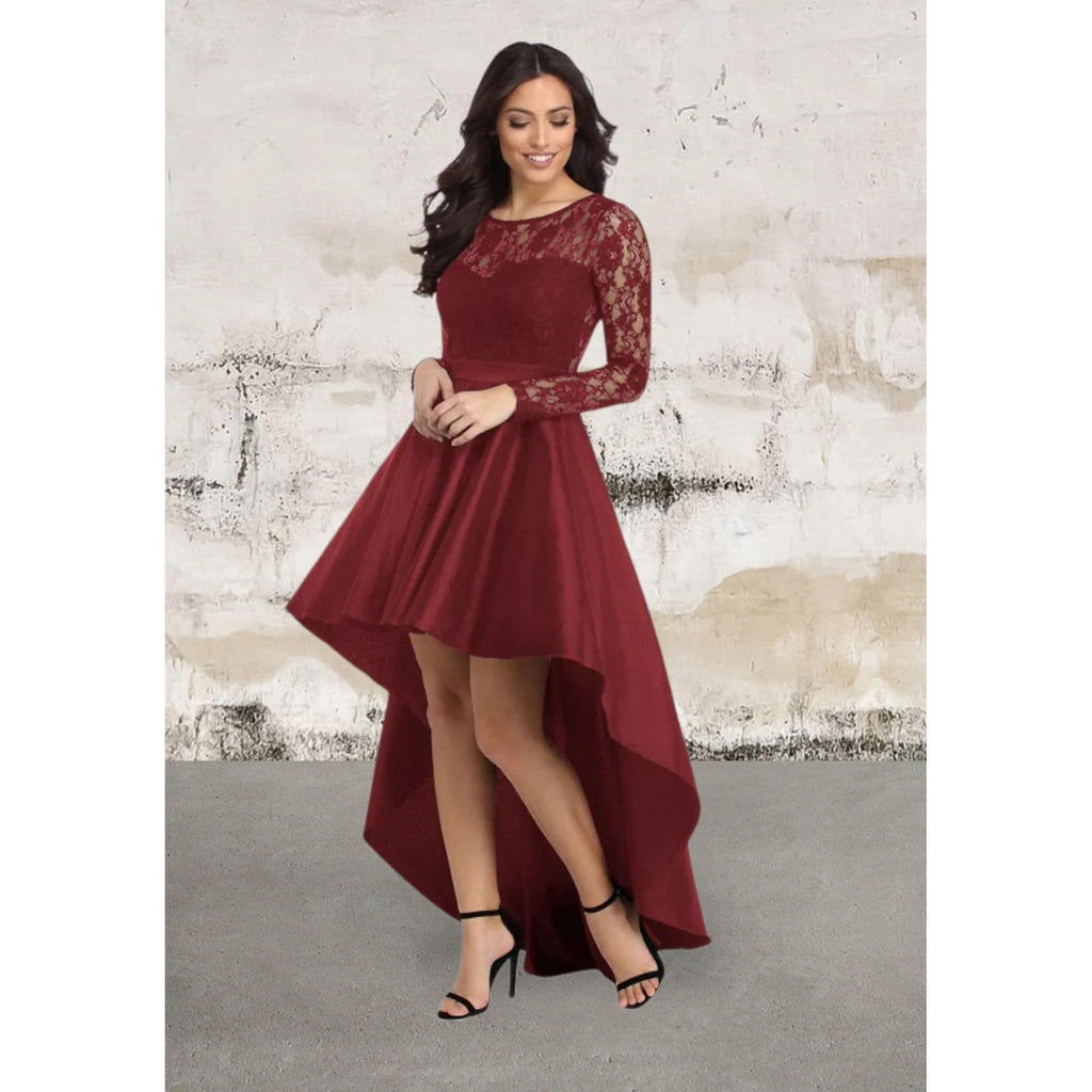 Black Long Sleeve Lace High Low Satin Dress