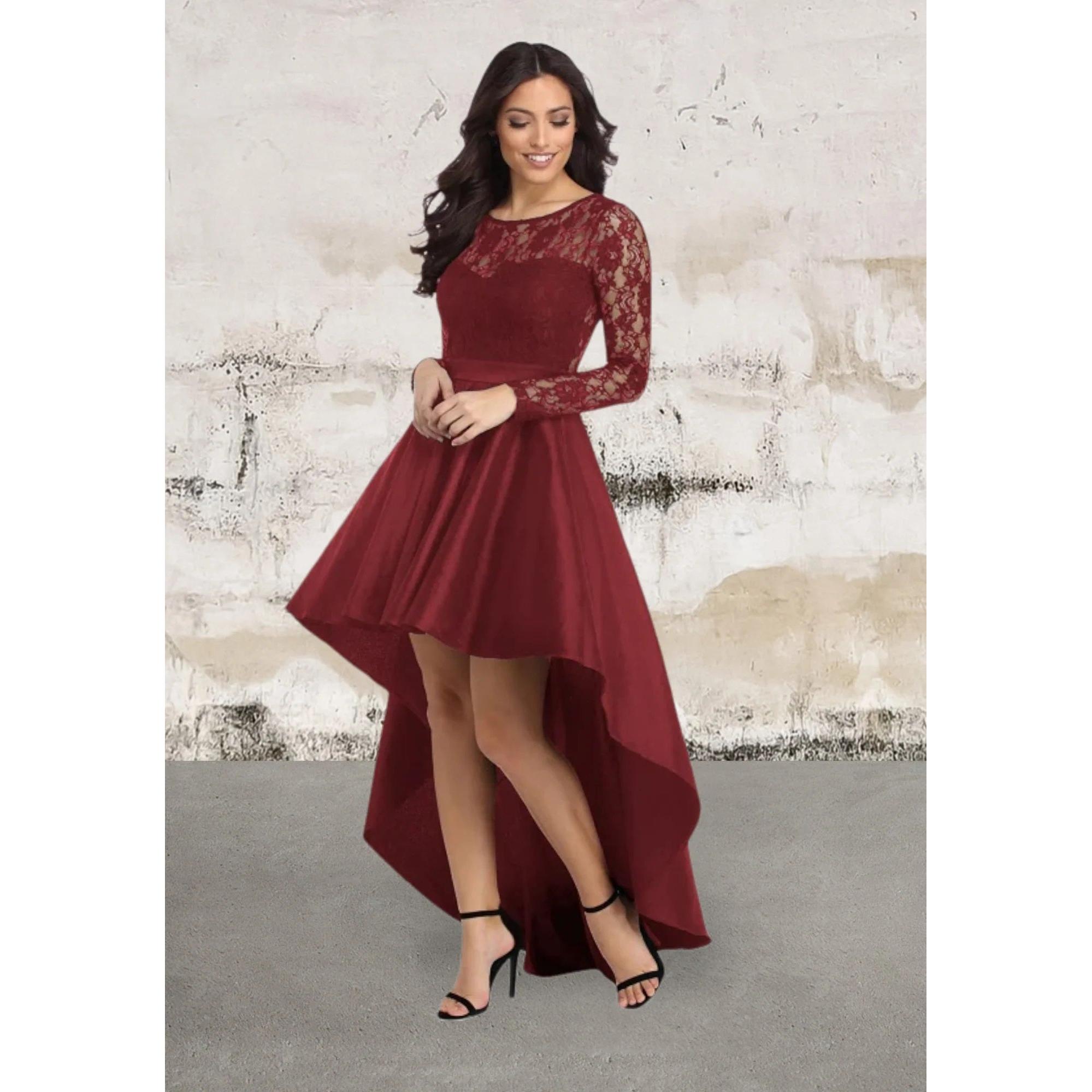 Black Long Sleeve Lace High Low Satin Dress