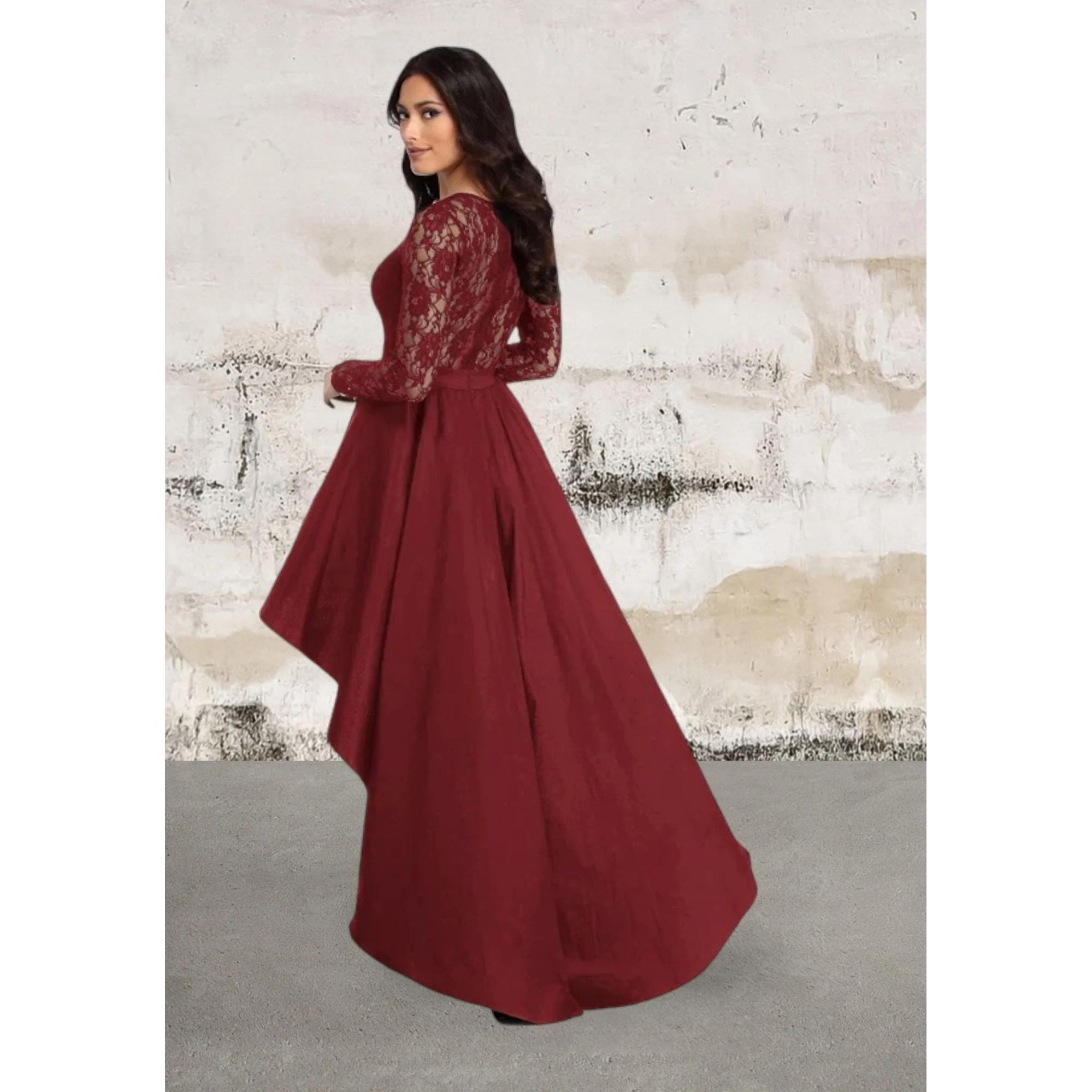 Black Long Sleeve Lace High Low Satin Dress