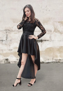 Black Long Sleeve Lace High Low Satin Dress