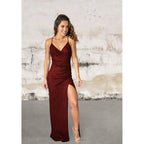 Spaghetti strap V-neck formal maxi dress with front slit