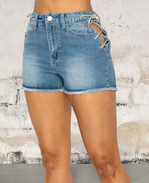 Side Lace-up Detailed Denim Shorts