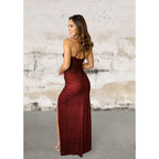 Spaghetti strap V-neck formal maxi dress with front slit