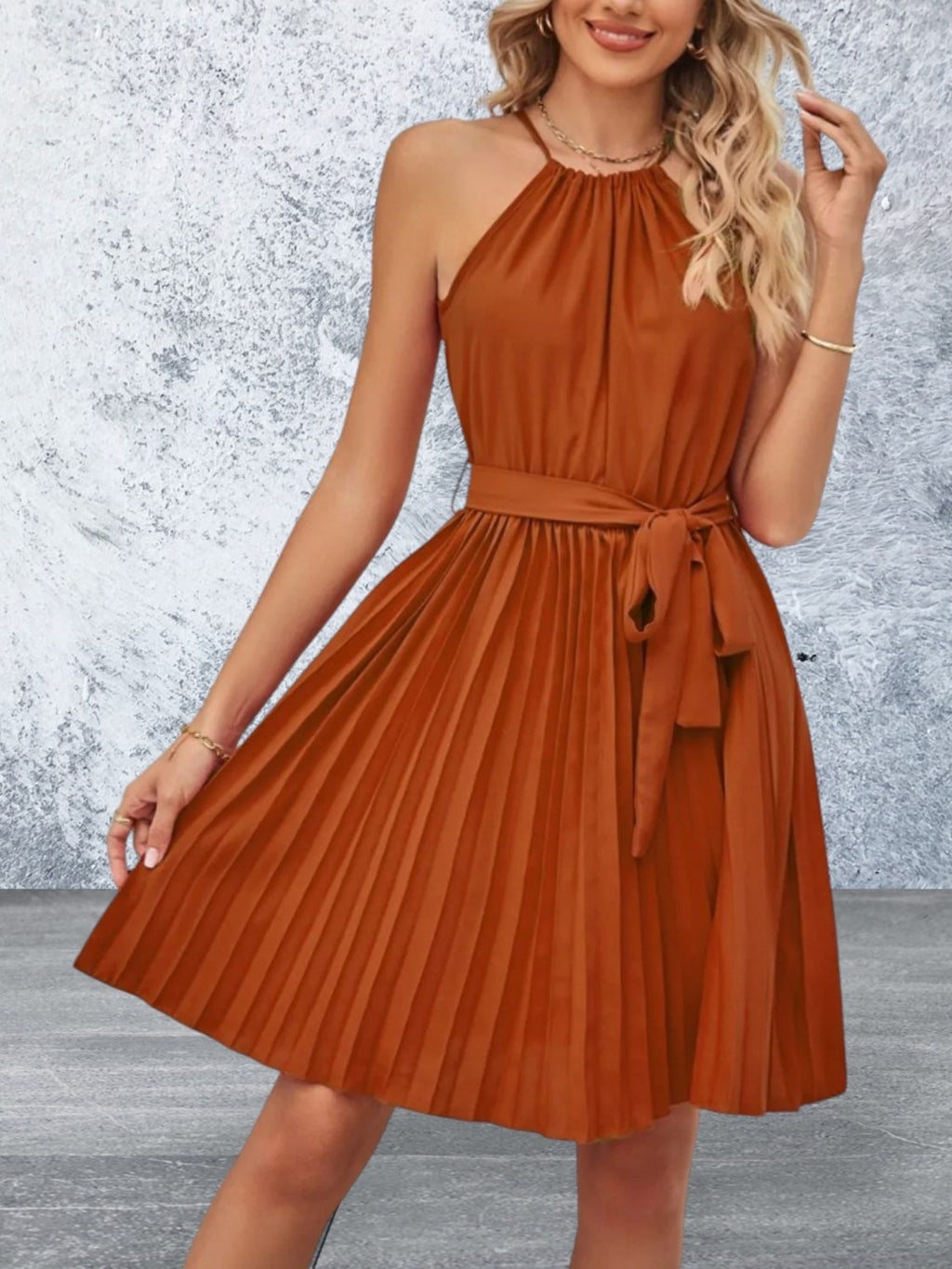 Sleeveless Pleated Tie Waist  Mini Dress