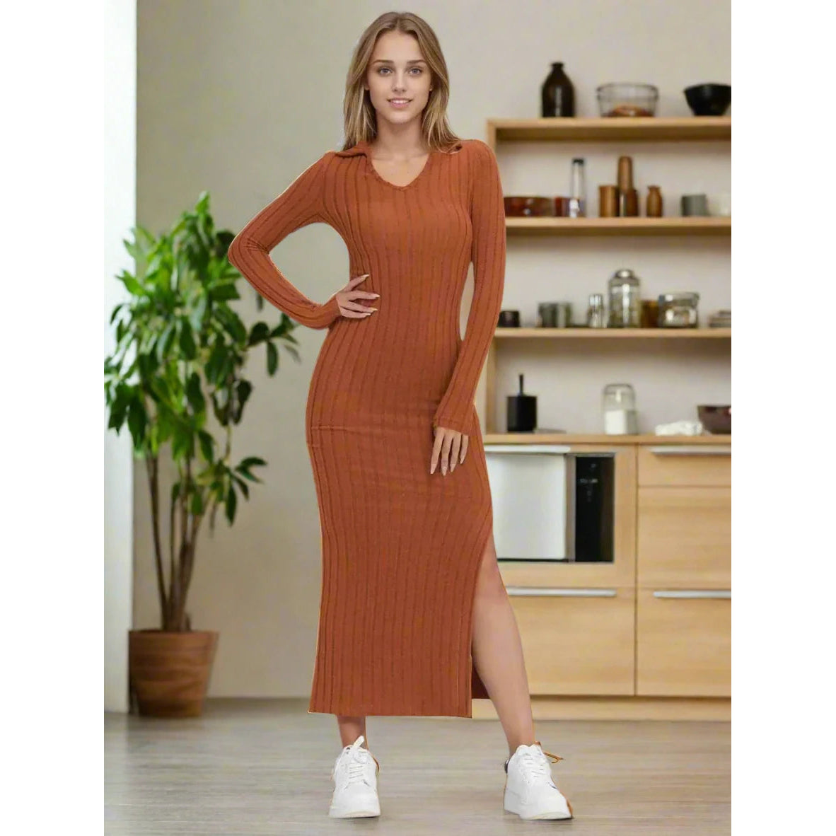 Long Sleeve Ankle-Length Slit dress