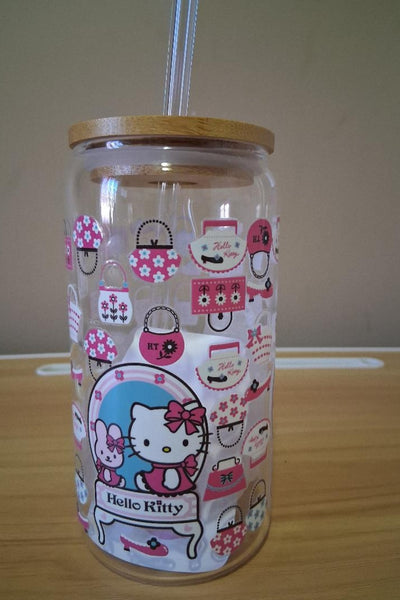 Clear tumbler with Hello Kitty design and bamboo lid 