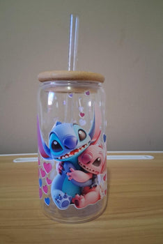 Glass tumbler with bamboo lid and cartoon character design 