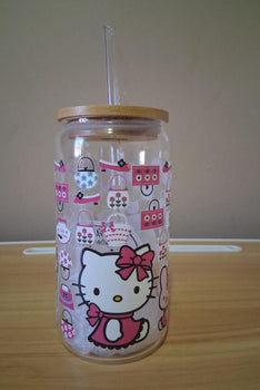 Clear tumbler with Hello Kitty design and bamboo lid 