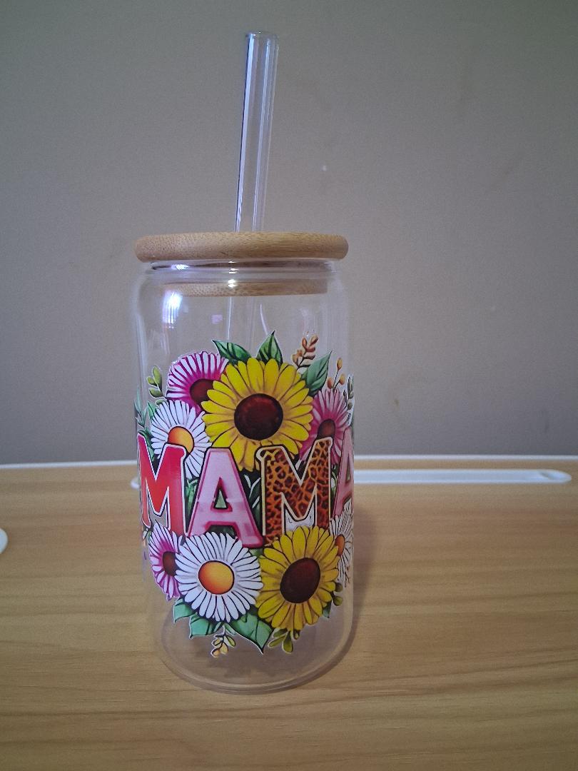 Clear tumbler with butterfly design bamboo lid and glass straw 