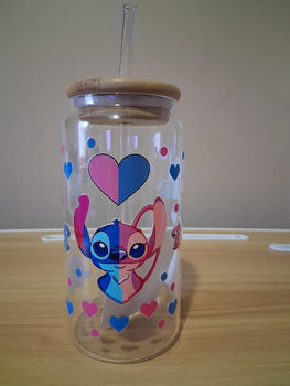 Clear tumbler with cartoon character design and heart patterns 