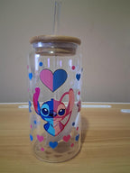Clear tumbler with cartoon character design and heart patterns 