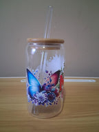 Clear tumbler with butterfly design bamboo lid and glass straw 