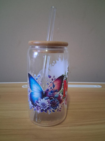 Clear tumbler with butterfly design bamboo lid and glass straw 
