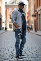 Men's moto ribbed knee patch detail Jeans