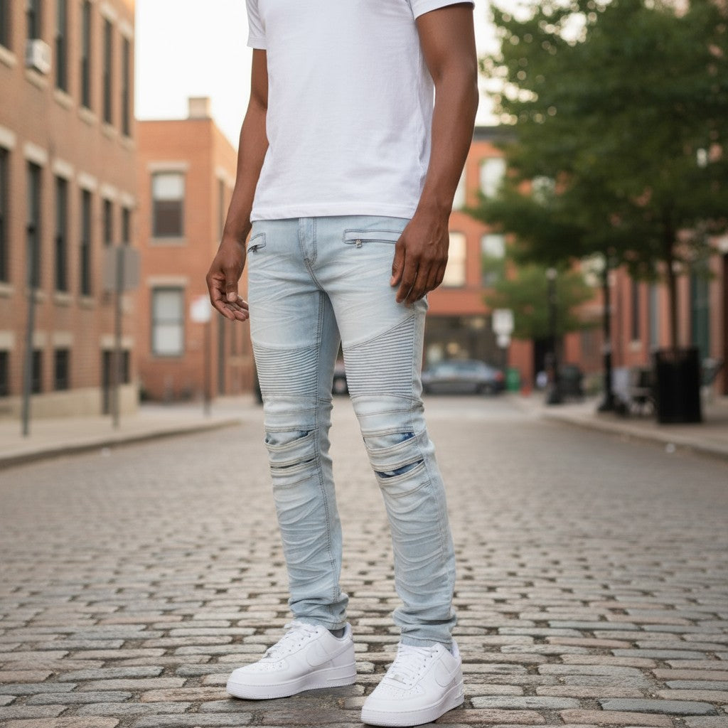 Men Skinny Creased Biker Denim Jeans