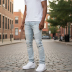 Men Skinny Creased Biker Denim Jeans