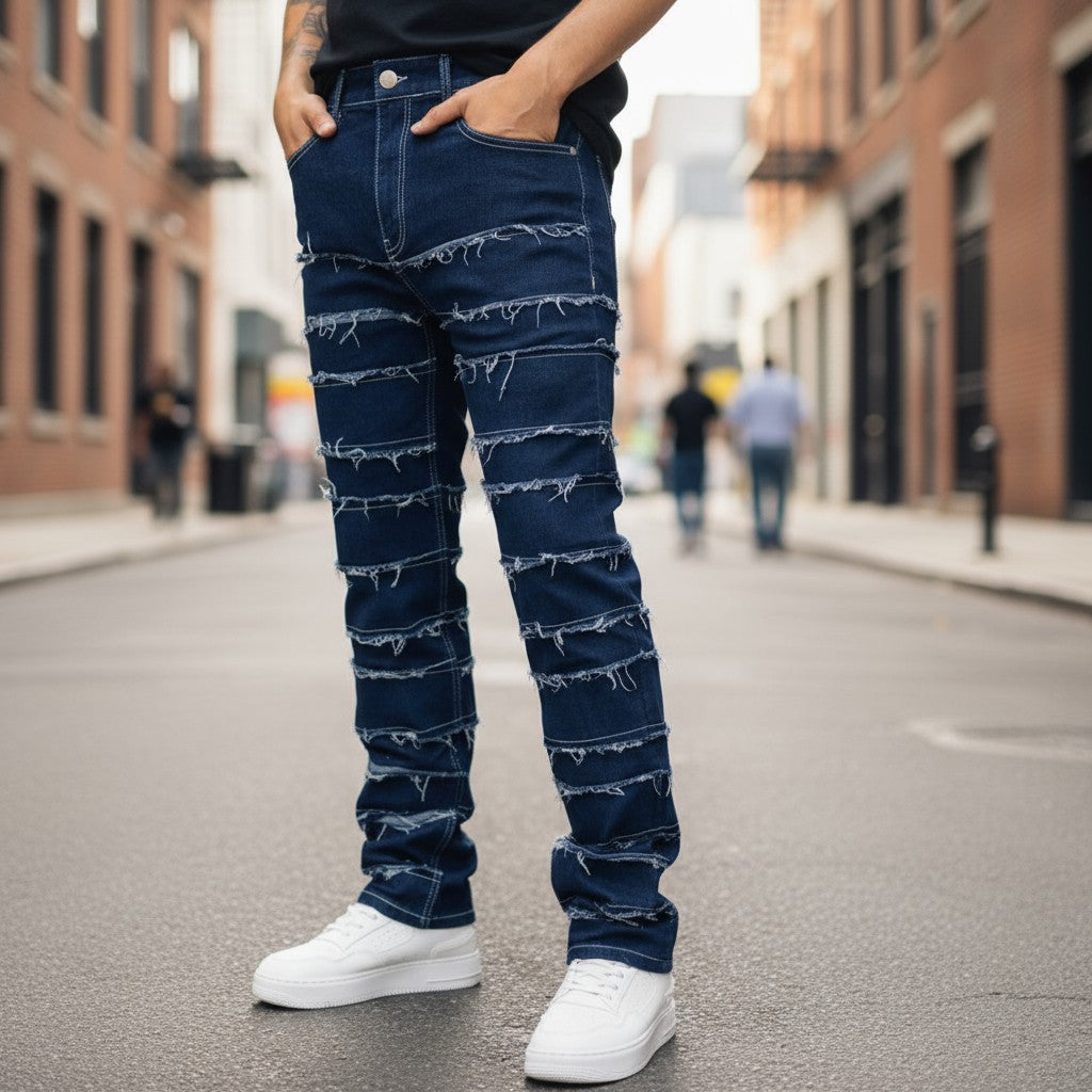 Men's Slim Fit Distressed Jeans with Ring Stitching
