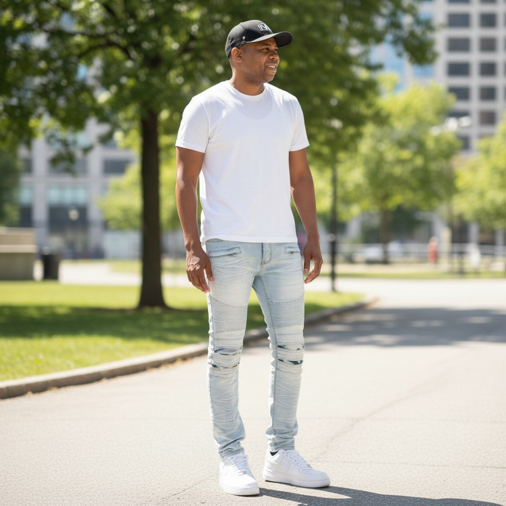 Men Skinny Creased Biker Denim Jeans