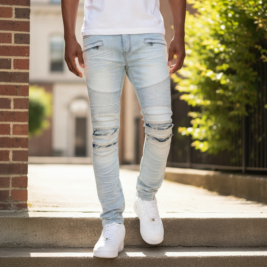 Men Skinny Creased Biker Denim Jeans