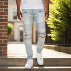 Men Skinny Creased Biker Denim Jeans