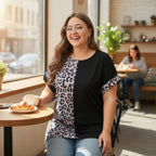 Plus Size Black Half Leopard Patchwork Top