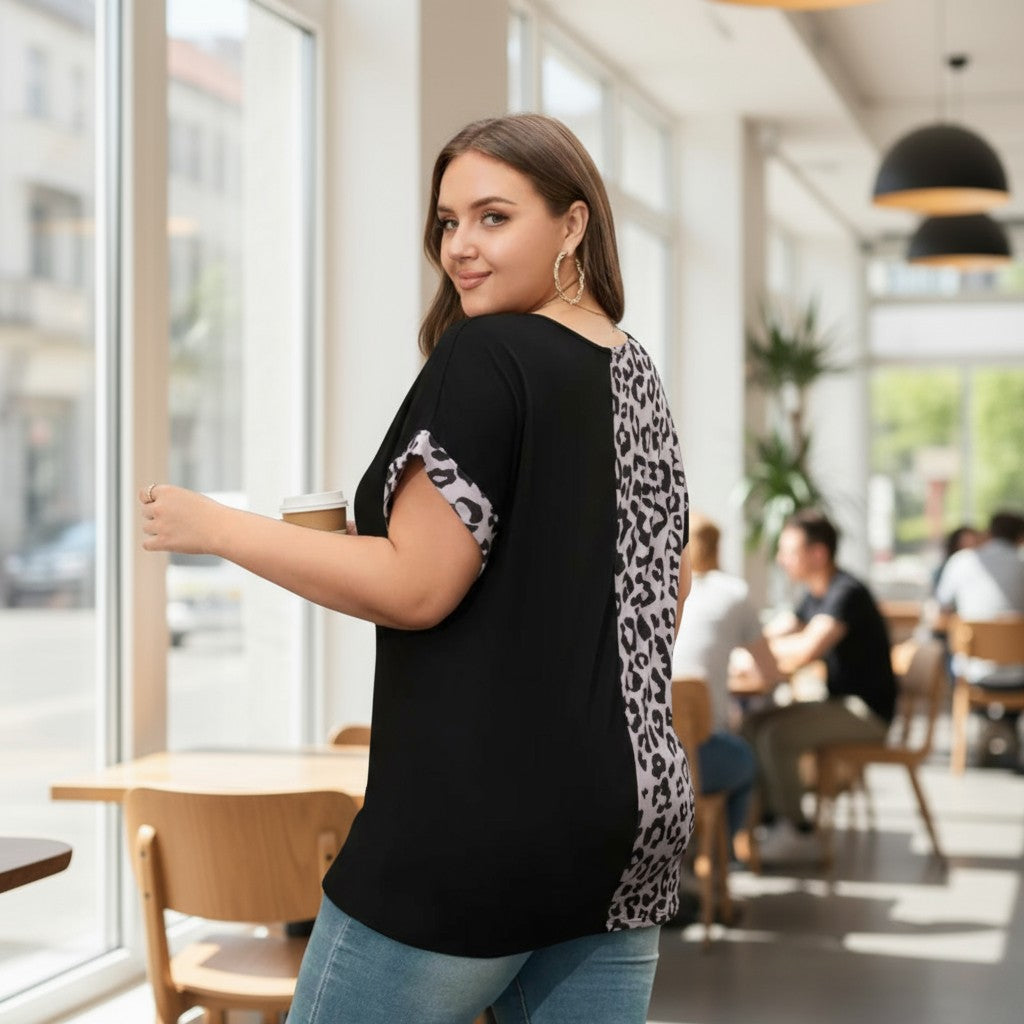 Plus Size Black Half Leopard Patchwork Top