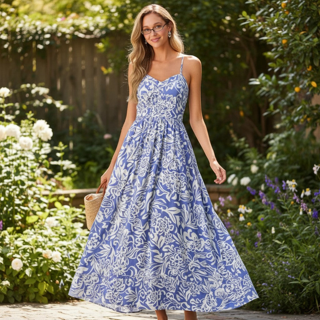 Floral Print Spaghetti Strap High Waist Maxi Dress